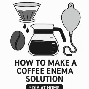 コーヒードリッパー、コーヒーサーバー、コーヒー豆、エネマバッグを描いた白黒イラスト。自宅で作るコーヒーエネマ液のイメージ