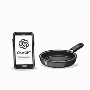 スマートフォンでChatGPTを見ながら料理するイメージの白黒イラスト。フライパンとスマホが並んだアイキャッチ
